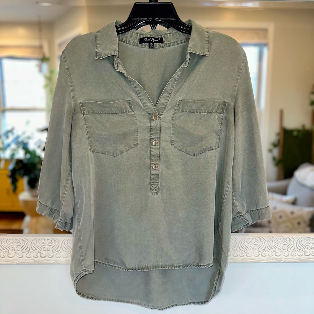 Velvet Heart Green Collared Top Three Quarter Length Sleeves - M - Picture 3 of 8